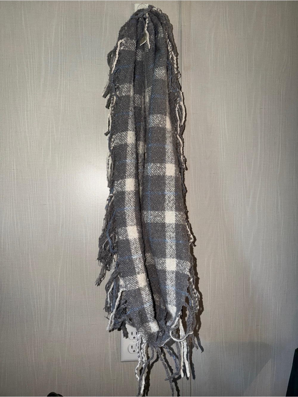 Soft Gray Plaid Fringe Scarf